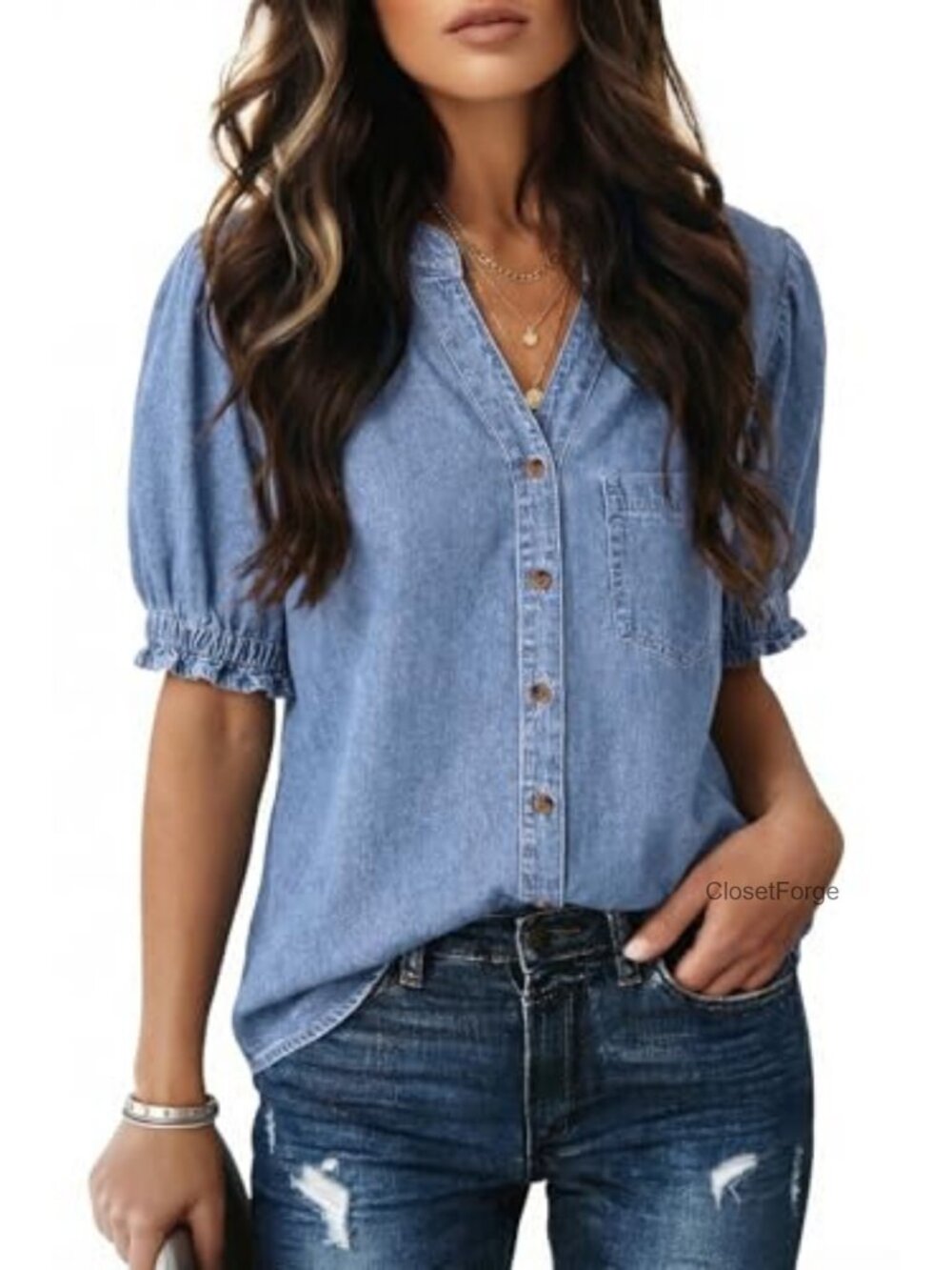 100% Cotton Denim Button Down Shirt Short Sleeve V-Neck Blouse Summer Casual